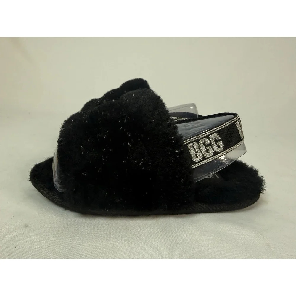 Ugg Fluff Yeah Black Sparkle L Slip On Slide Platform Sandal Girls Size 10